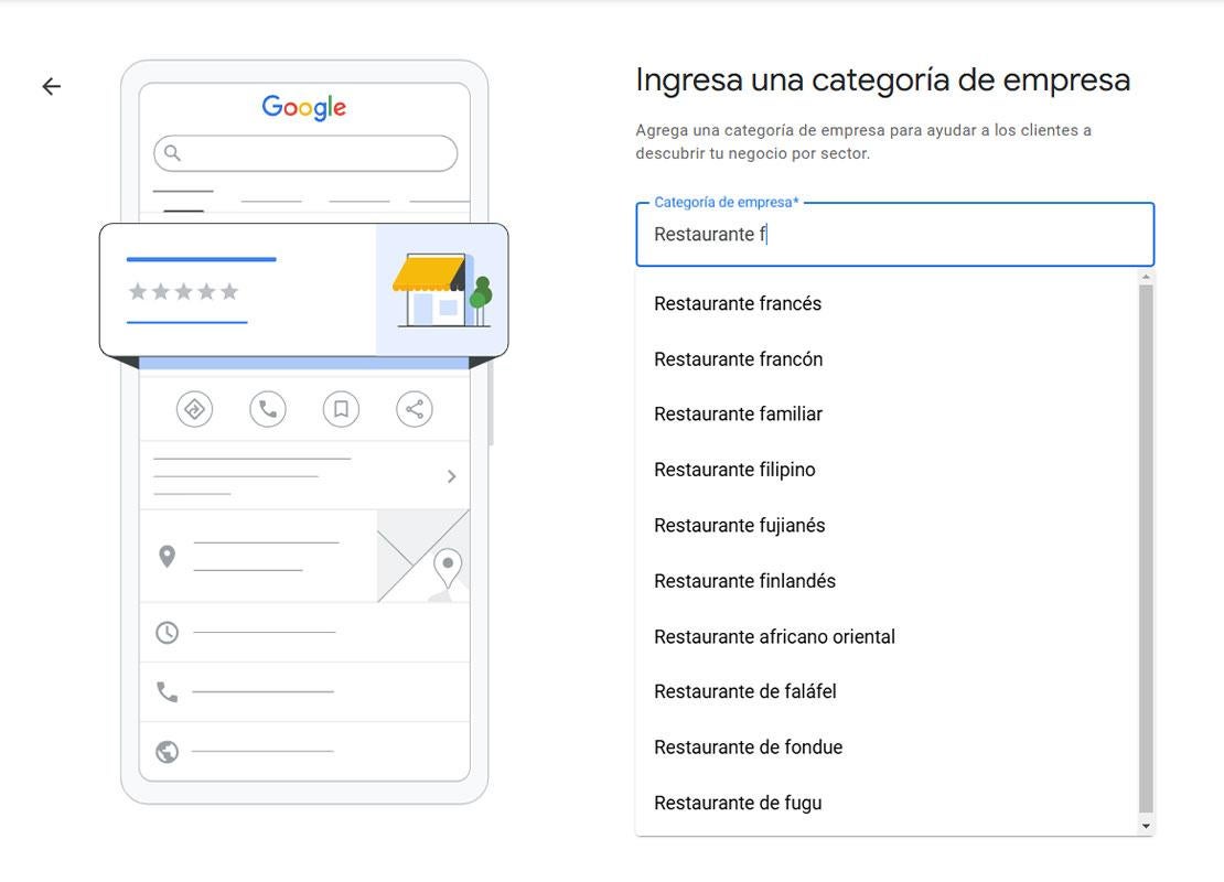 Página de Google My Business para ingresar la categoría de un restaurante con un listado predictivo