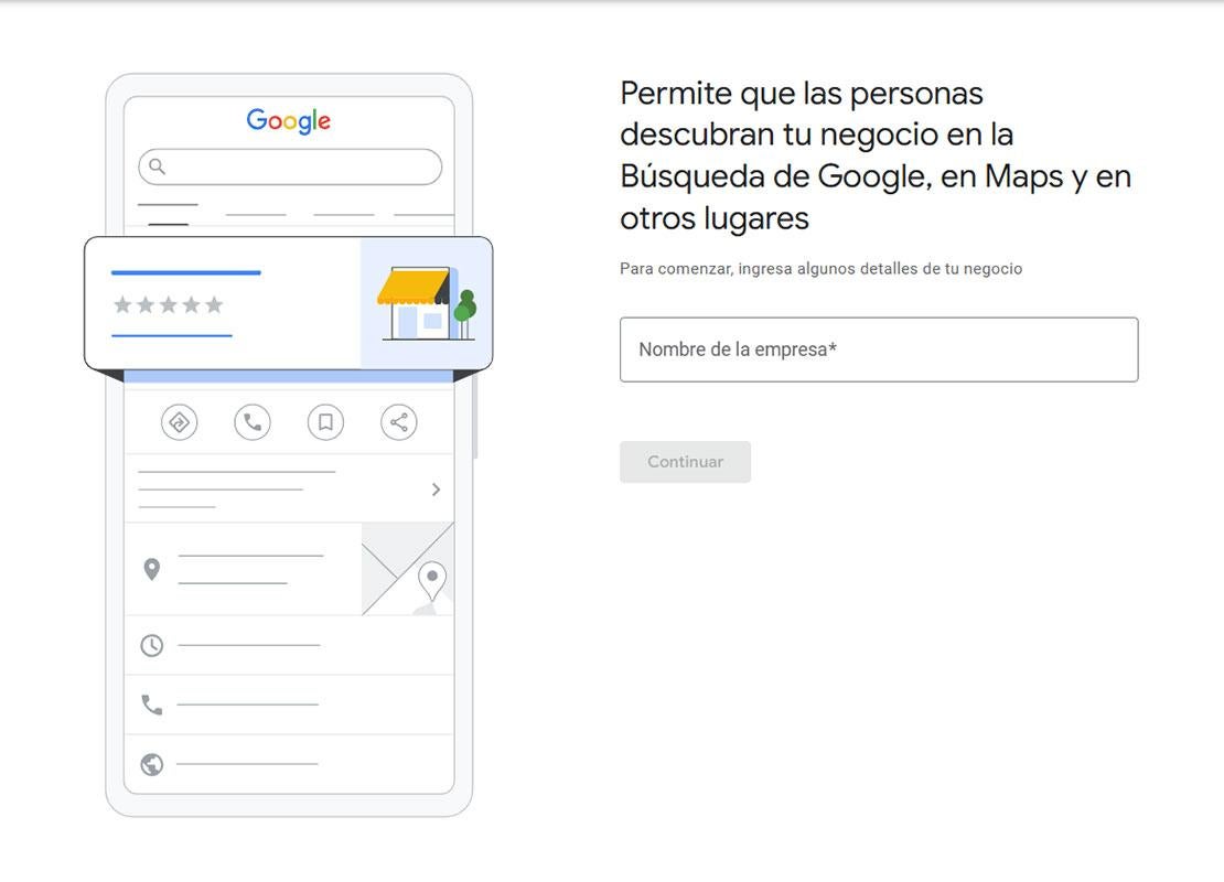 Página de Google My Business para crear un perfil, con campos como nombre y categoría de la empresa