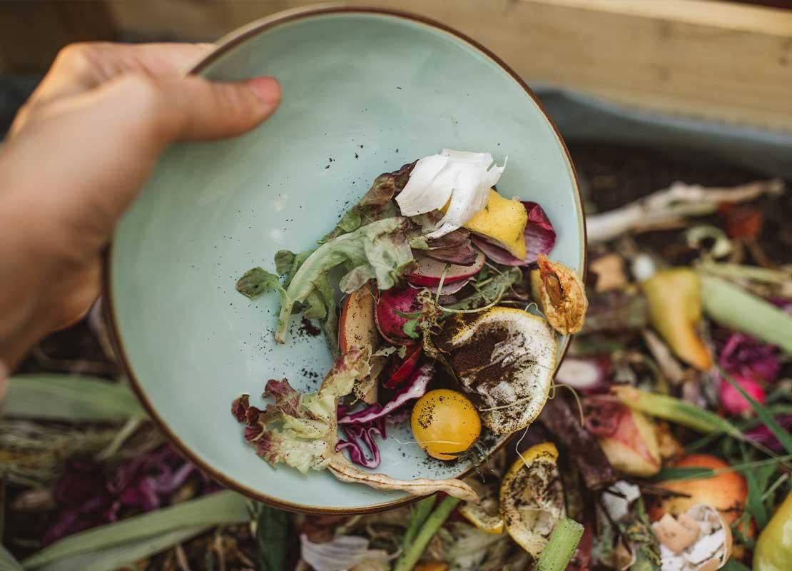 Mano de mujer arroja de un plato diferentes residuos de alimentos a una caja de composta