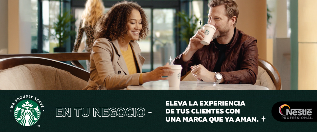 Banner We Proudly Serve Starbucks plus Nestlé Professional