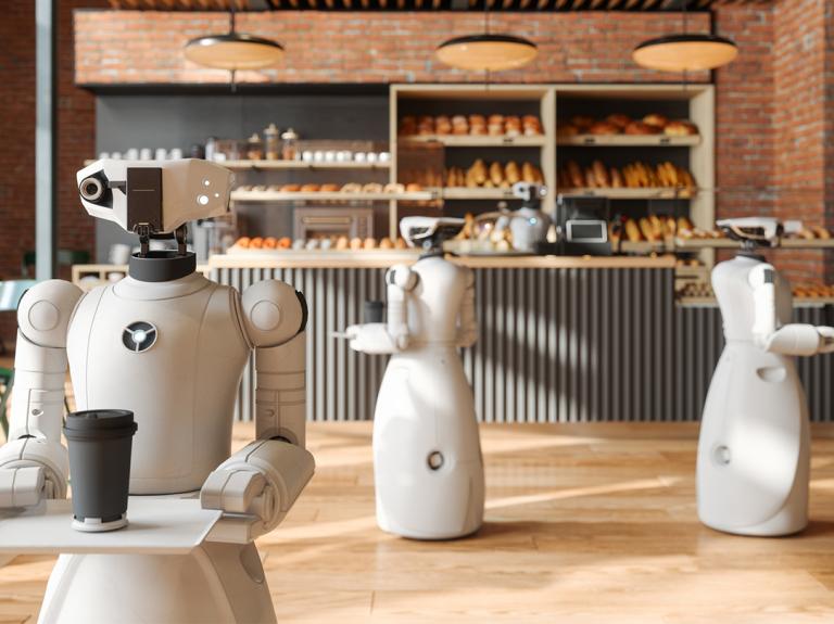 Tres robots recorren una cafetería sosteniendo con sus pinzas una bandeja sobre la que una bebida caliente con tapa