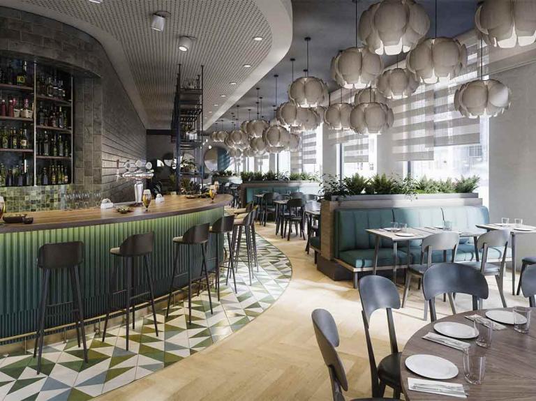 Restaurante moderno con mesas y barra como resultado del diseño de interiores