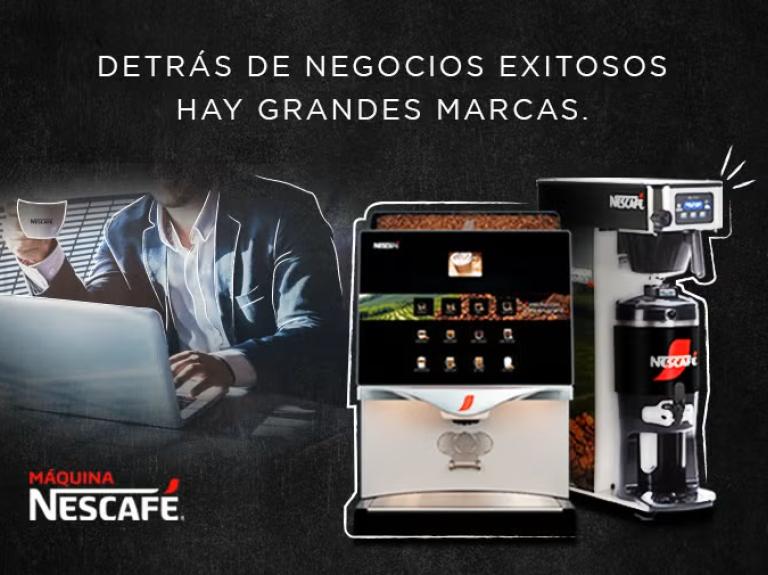 Persona tomando café con máquina NESCAFÉ®; el texto arriba dice: Detrás de los negocios exitosos hay grandes marcas.