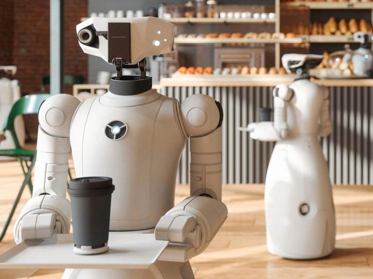 Dos robots recorren una cafetería sosteniendo una bandeja con una bebida caliente con tapa