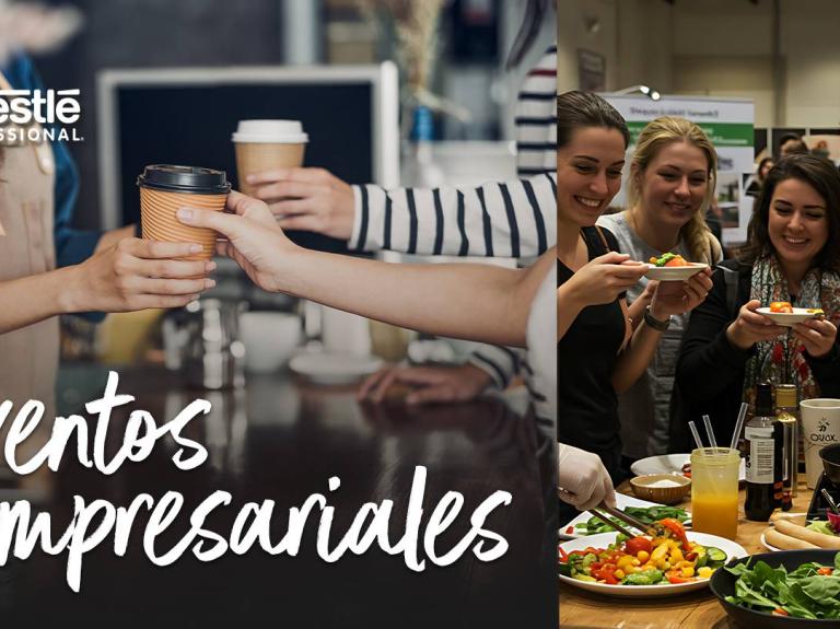 Personas compartiendo café y comida en un entorno profesional durante eventos empresariales.