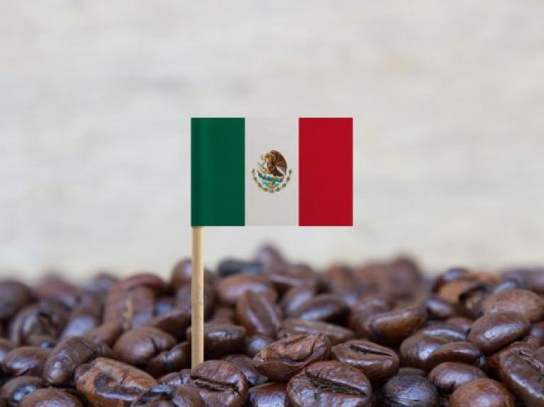 Bandera de México sobre granos de café tostado, representando origen y calidad del producto
