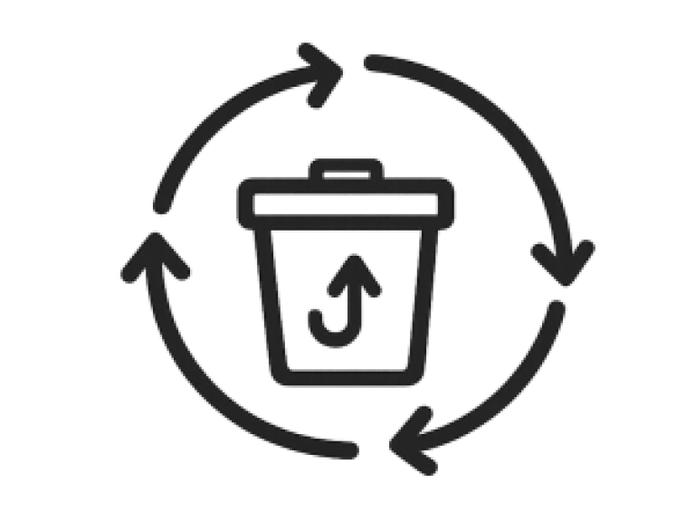 Contenedor de residuos rodeado por flechas que simbolizan reciclaje y economía circular