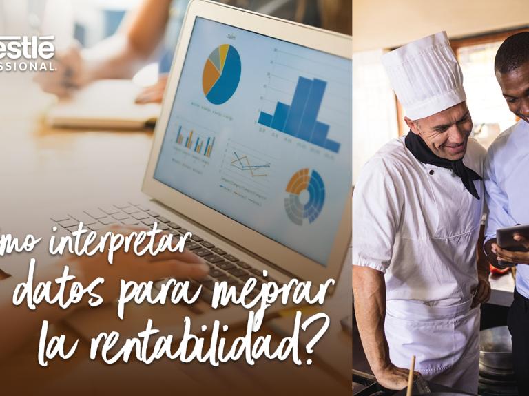 A la izquierda, laptop con data, a la derecha, Chef y gerente analizan métricas en una tableta digital.