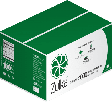 Caja verde y blanca con 100 sobrecitos de azúcar Zulka