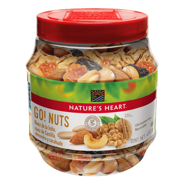 Bote de Go! Nuts combinación de cacahuate, almendras, nueces de la india y nueces de castilla en presentación de 450g