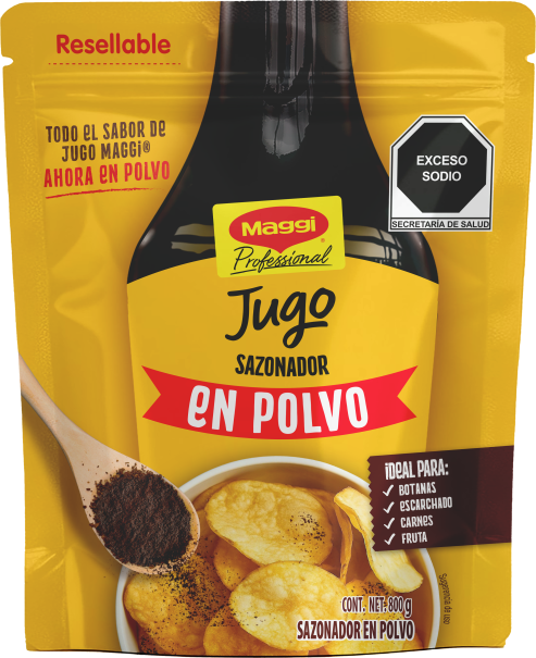Empaque amarillo de jugo sazonador en polvo Maggi Professional con contenido de 800 gramos.