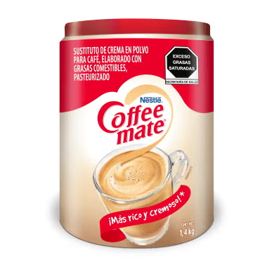 Bote de sustituto de crema en polvo para café COFFEE MATE® sobre un fondo blanco aislado.