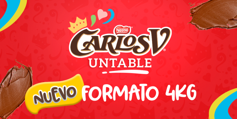 Banner rojo con logo de CARLOS V® untable promocionando el nuevo formato de 4kg