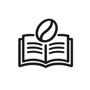 Ícono de libro abierto con grano de café que representa aprendizaje y conocimiento